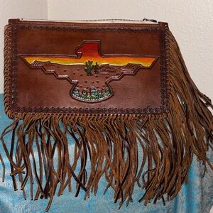 WHISKEY BOUND / ALEXANDER LEATHER Hand Tooled Clutch Purse Thunderbird Fringe